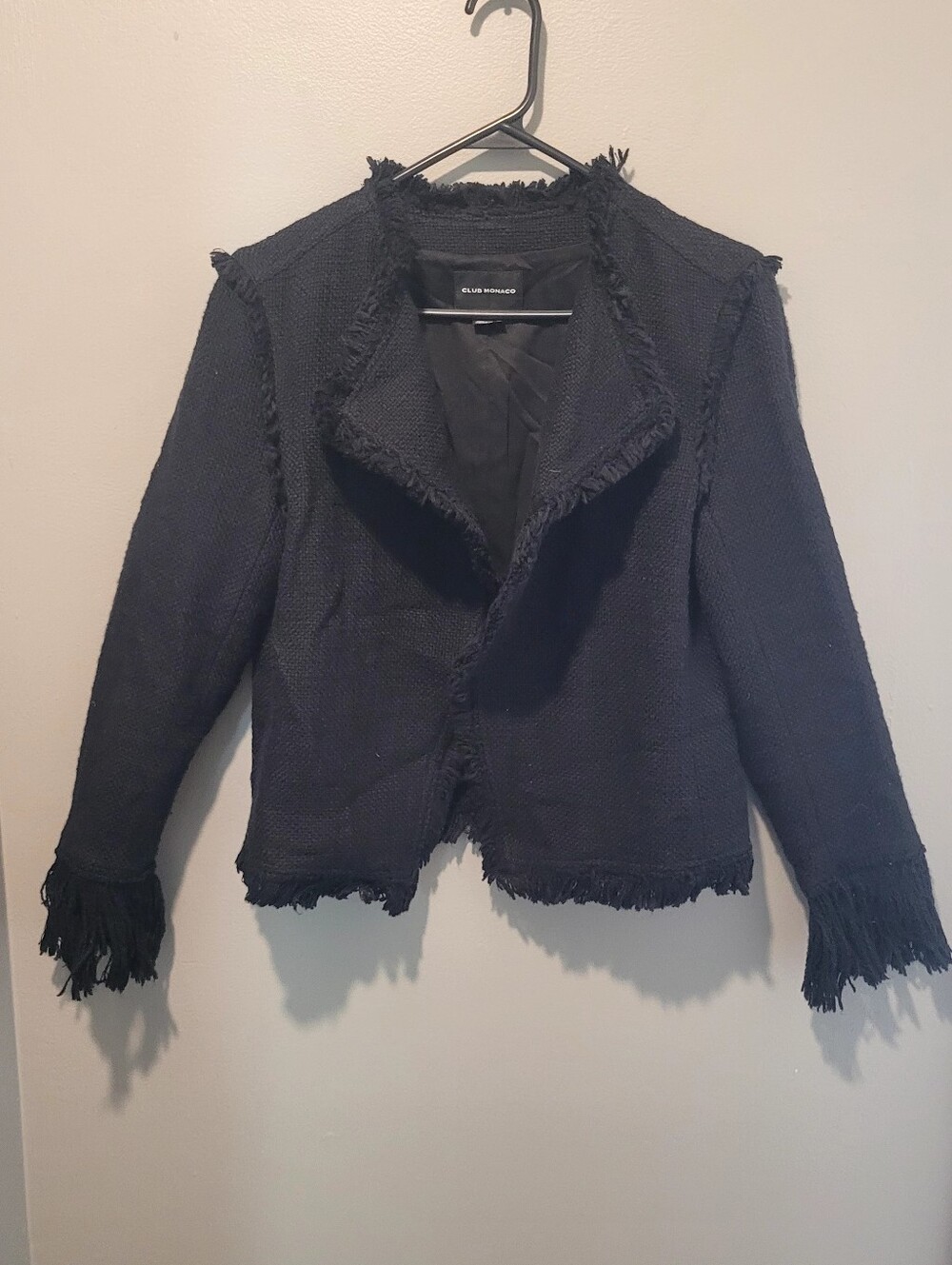 Club Monaco Black Tweed Fringed Bouclé Blazer Sz 8